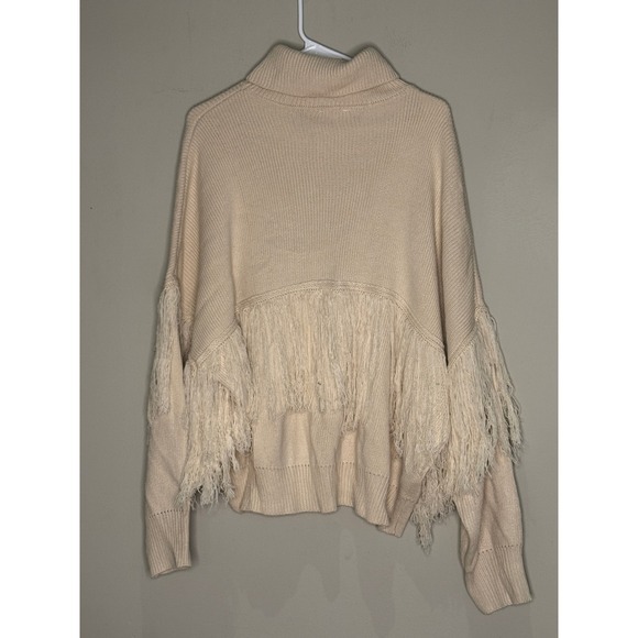 TCEC Fringe Knit Sweater Cream Beige Oversized Turtleneck Boho Chic Old Money - Picture 1 of 7